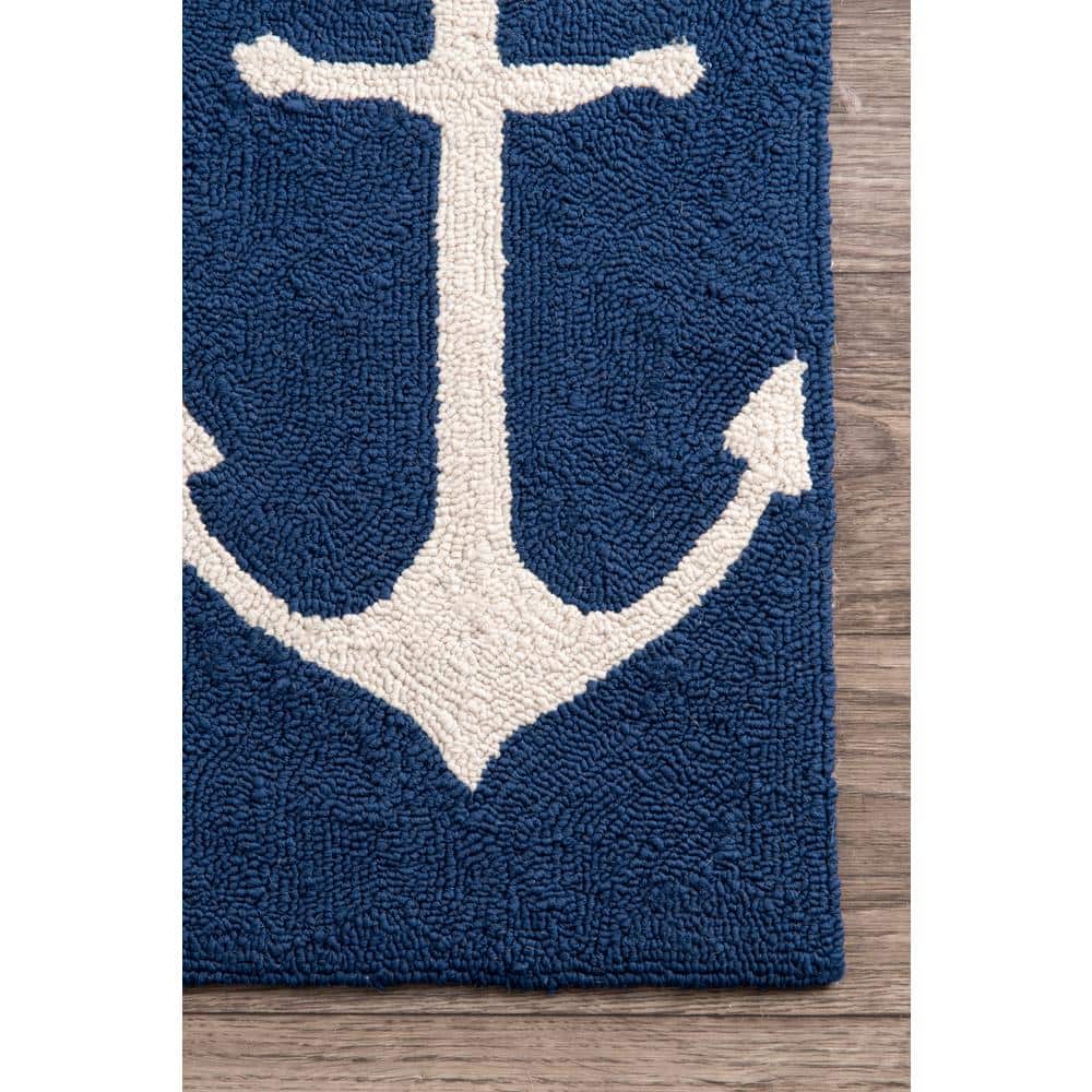 Hand Hooked Navy Blue Synthetic Indoor/Outdoor Area Rug, 3x5