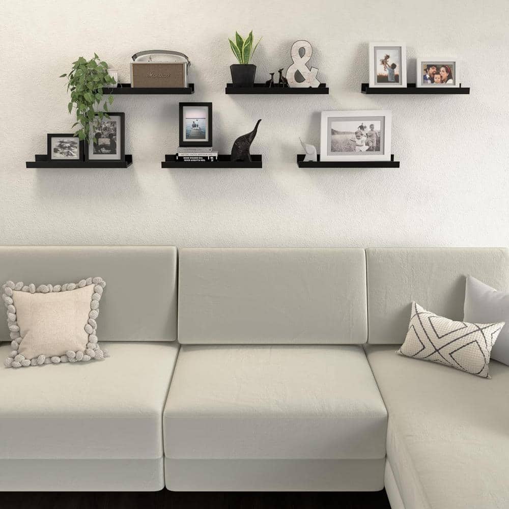 Set of 6 Black MDF Floating Wall Shelves with Ledge