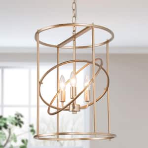 Gold Drum Candlestick Island 3-Light Chandelier Pale Brass Geometric Transitional Foyer Pendant Light with Cylinder Cage