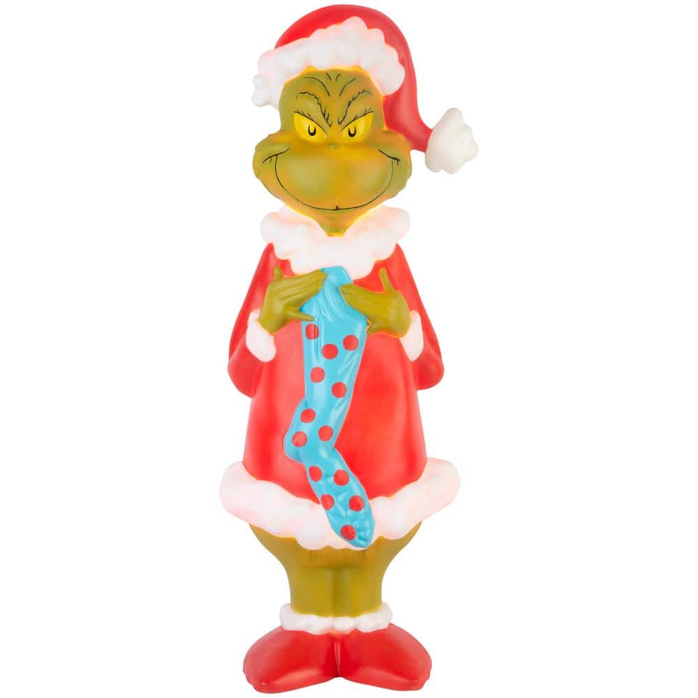 24 in. Lighted Blow Mold Outdoor Decor-Grinch with Seussian Style Stocking-