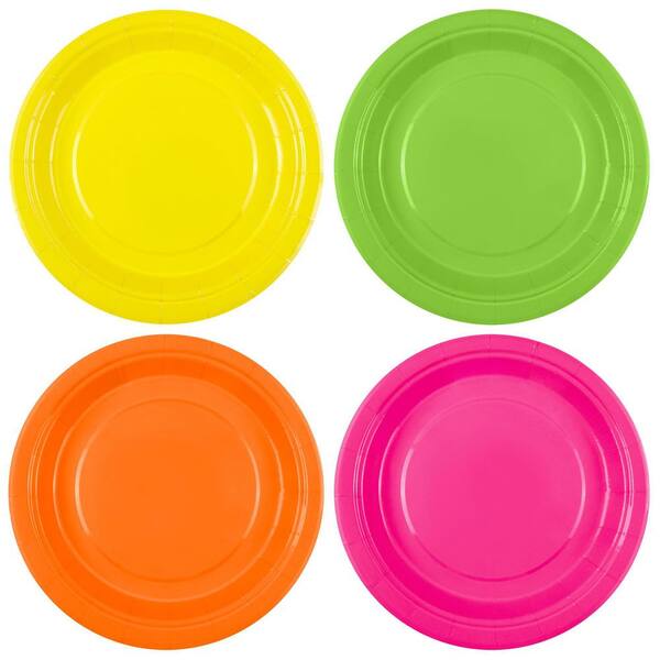 72-Piece Set of 7-Inch Neon Disposable Paper Plates in Hot Pink, Orange, Yellow, and Green for Parties