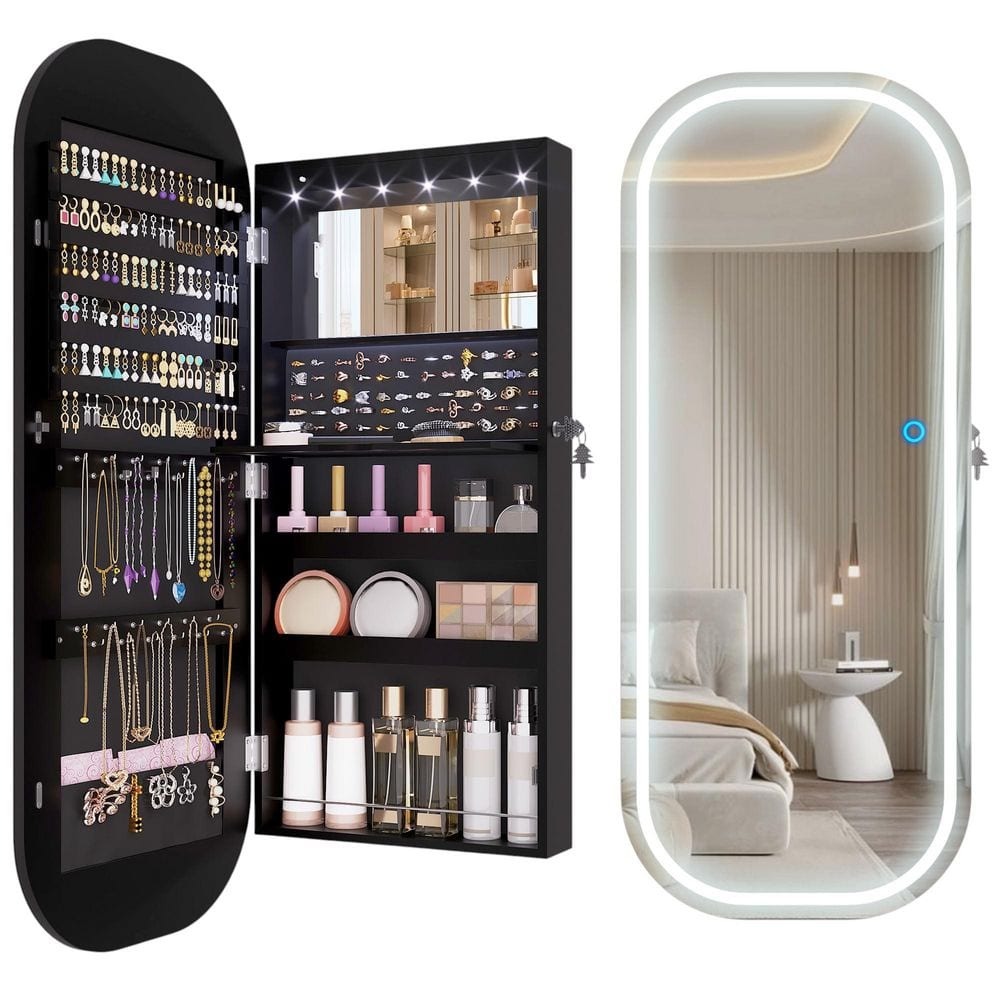 Afoxsos 16 in. Black FSC-Certified Wood LED Mirror Jewelry Cabinet
