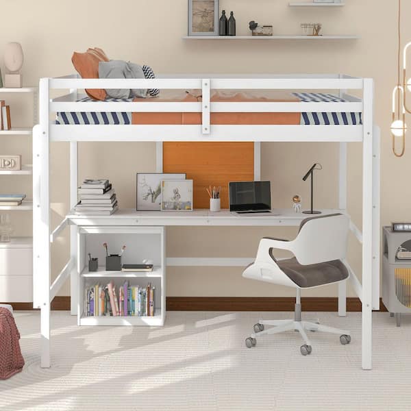 White Full Size Wood Loft Bed with Desk and Writing Board, 2 Drawers Cabinet