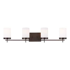 Zire 34 in. W 4-Light Brushed Oil Rubbed Bronze Bathroom Vanity Light with Etched White Glass Shades