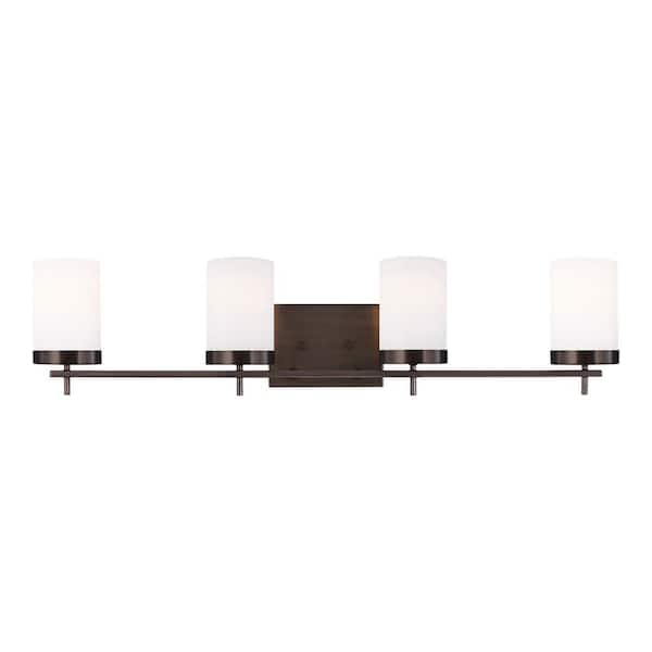 Zire 34 in. W 4-Light Brushed Oil Rubbed Bronze Bathroom Vanity Light with Etched White Glass Shades