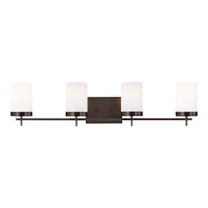 Zire 34 in. W 4-Light Brushed Oil Rubbed Bronze Vanity Light with Etched White Glass Shades with LED Bulbs