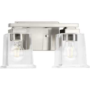 Gilmour 12.25 in. 2-Light Brushed Nickel Craftsman Vanity Light with Clear Glass Shades for Bath and Vanity