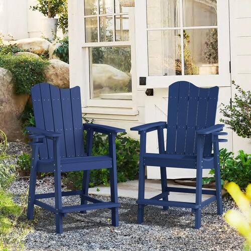 Navy Blue Plastic Adirondack Outdoor Bar Stool with Cup Holder