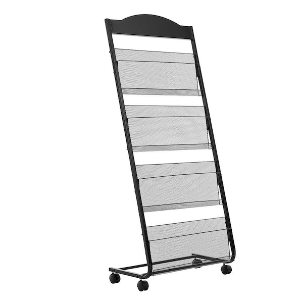 Brochure Display Rack, 4-Tier Magazine Literature Display Stand with Wheels, Movable Floor Standing Magazine Rack