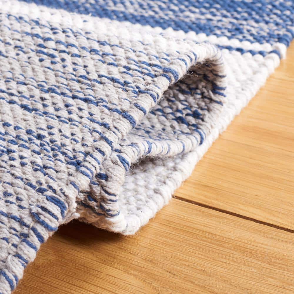 Grey and Blue Wool Cotton Striped 5' x 8' Area Rug