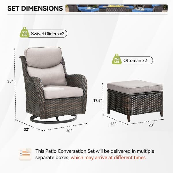 Luxury Brown Swivel Glider Wicker Patio Conversation Set with Beige Olefin 5 in. Thick Cushions/Ottoman (4-Piece)