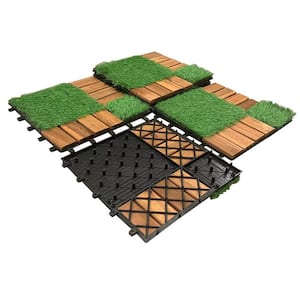 12 in. x 12 in. Square Acacia Wood Interlocking Flooring Tiles Tufted Grass Green 8 PINS (30-Pack)
