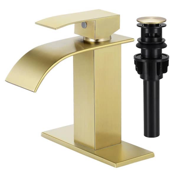 Waterfall Spout Single Handle Single Hole Bathroom Faucet with Deckplate and Pop-up Drain in Brushed Gold