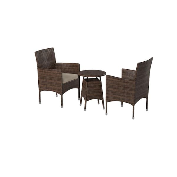 Barton 3-Piece Wicker Rattan Furniture Outdoor Bistro Patio Set Chairs with Removable Beige Cushions and Round Table