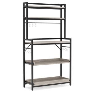 Keenyah Gray Kitchen Baker's Rack with Hutch, 5 Tier Wood Microwave Oven Stand with Sliding Shelves and Hooks