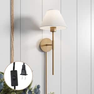 Millie 9 in. W 1-Light Brass Modern Wall Sconce, Wall Mounted Plug-in Bedside Reading Lamp with Cotton Shade