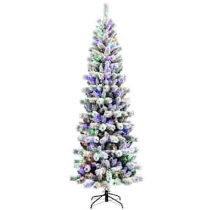 8 ft. Pre-Lit Hinged Artificial Christmas Tree Snow Flocked with 9 Modes Remote Control Lights