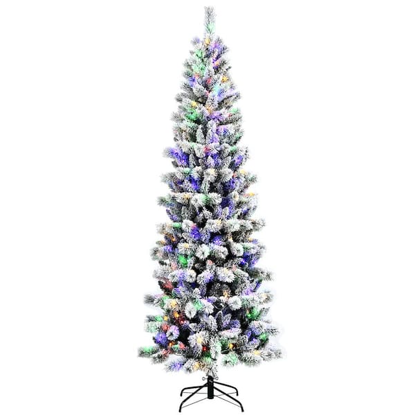 Costway 8 ft. Pre-Lit Hinged Artificial Christmas Tree Snow Flocked with 9 Modes Remote Control Lights