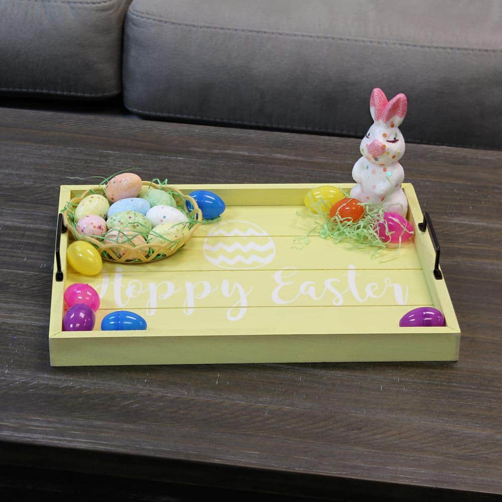 Farmhouse Yellow Wash Wood Serving Tray with Black Handles