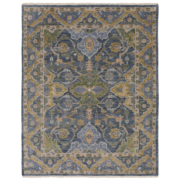 Majestic Blue/Green 9 ft. x 12 ft. Traditional Oriental Floral Hand-Knotted Wool Fringed-Edge Indoor Area Rug