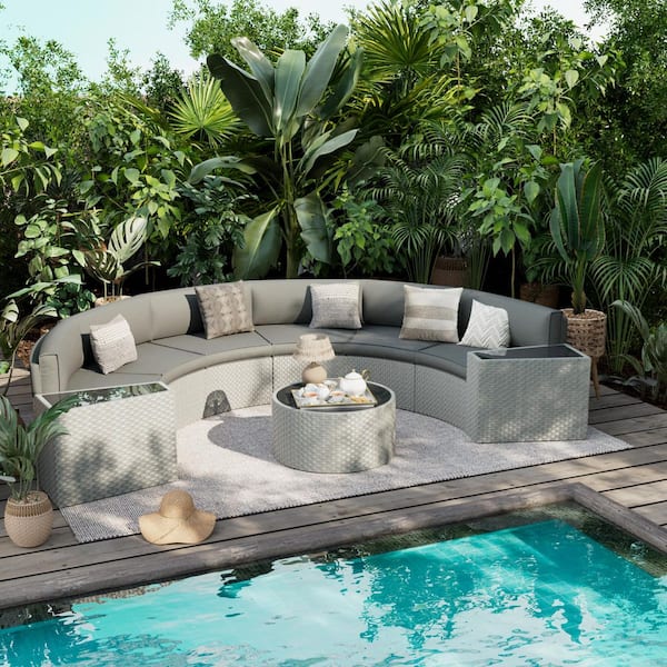 6-Person 9-Piece Fully Assembled Wicker Curved Half-Moon Outdoor Patio Conversation Set with Gray Cushions