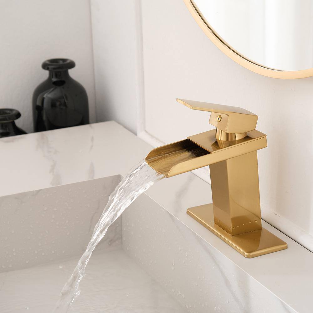 Brushed Gold Brass Single Handle Waterfall Bathroom Faucet