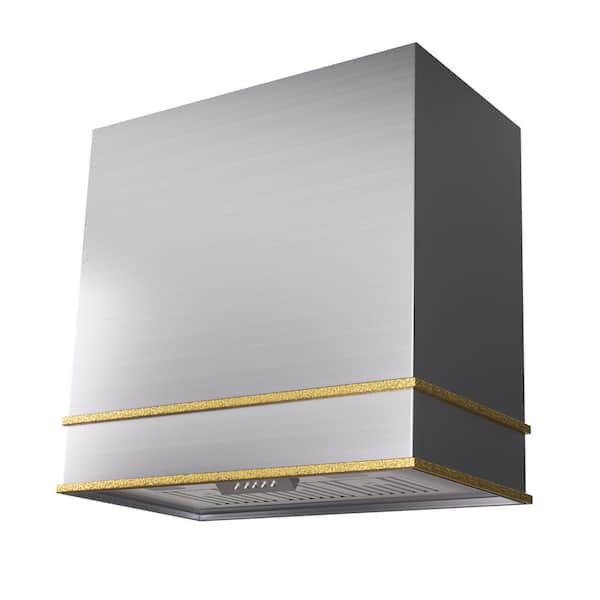 Akicon 30 in. 600 CFM Ducted Wall Mount Range Hood with Push Control, LEDs and Charcoal Filter, in Stainless Steel with Gold