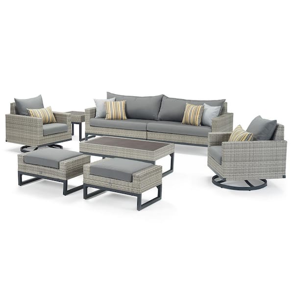RST BRANDS Milo Gray 8-Piece Motion Wicker Patio Seating Set with Charcoal Gray Cushions
