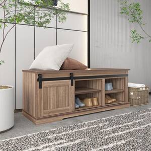Linght Brown Storage Bench with a Sliding Door and Adjustable Shelf