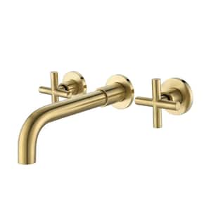 Double Handles Wall Mounted Bathroom Sink Faucet, Brass Basin Faucet, 360 Swivel Spout Hot and Cold Faucet in Gold