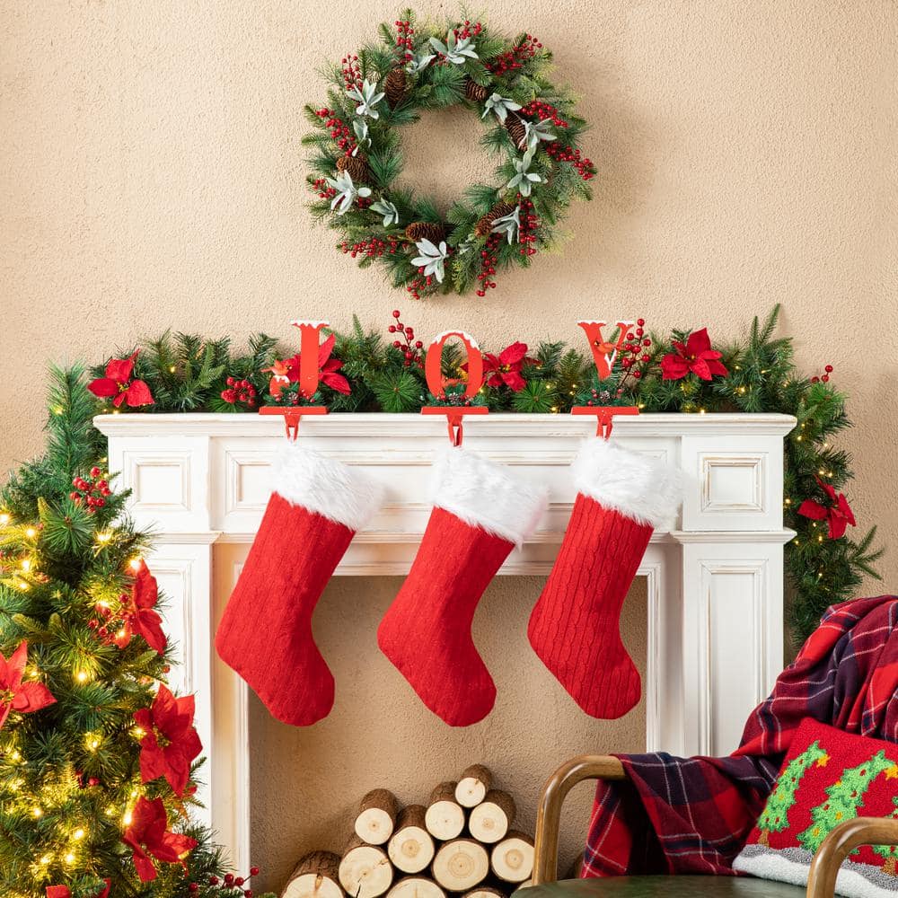 Red Metal JOY Christmas Stocking Holders with Cardinals