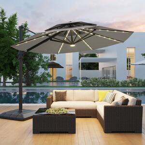 11 ft. Double Top Aluminum LED Cantilever Patio Umbrella with Base for Patio Deck Garden in Gray