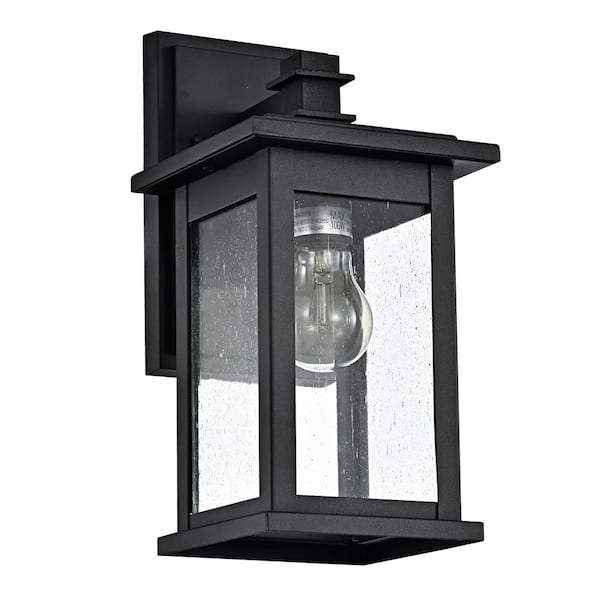 Unbranded Matte Black Outdoor E26 Downlight Wall Lantern Sconce with Clear Glass Weathered