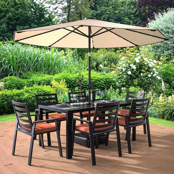 Leisuremod Chelsea Mid-Century Modern 7-Piece Outdoor Dining Set in Black Aluminum with Removable Orange Cushions