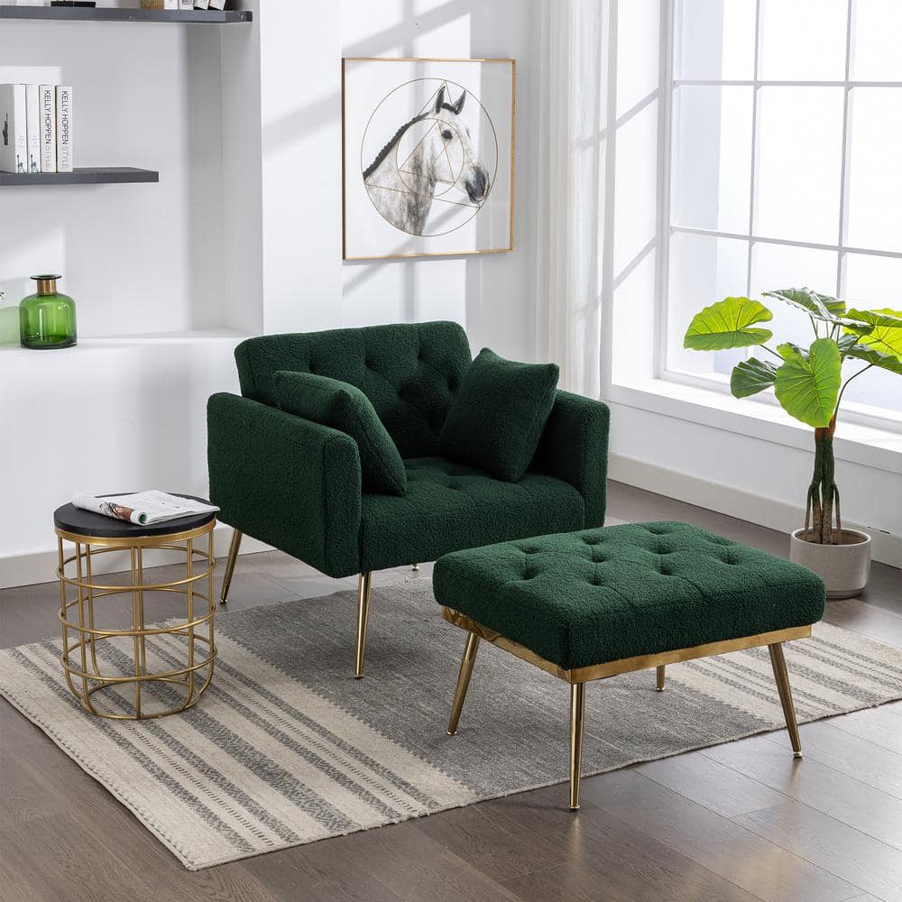 Green Sherpa Upholstered Accent Chair with 3-Positions Adjustable Backrest, Modern Arm Chair and Ottoman Set