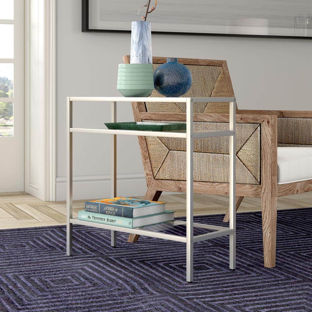 Satin Nickel Rectangular Metal and Glass Side Table