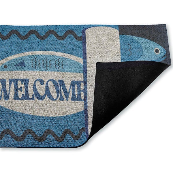 Welcome Coastal Tuna Blue 18 in. x 30 in. Polyester Non-Slip Outdoor Door Mat