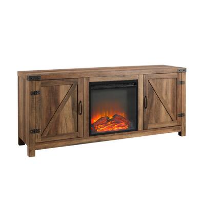Barnwood Collection 58 in. Rustic Oak TV Stand fits TV up to 65 in. with Barn Doors and Electric Fireplace