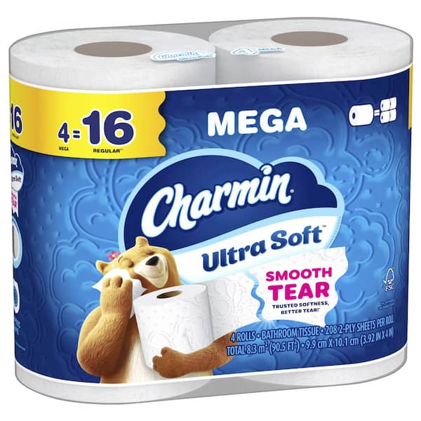 Ultra-Soft Smooth Tear Toilet Paper Rolls (4 Mega Rolls)