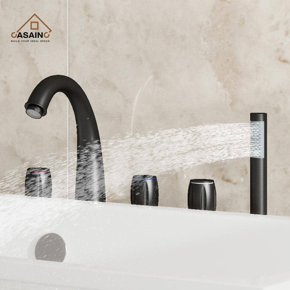 Matte Black Triple Handle Deck Mount Roman Tub Faucet with Hand Shower