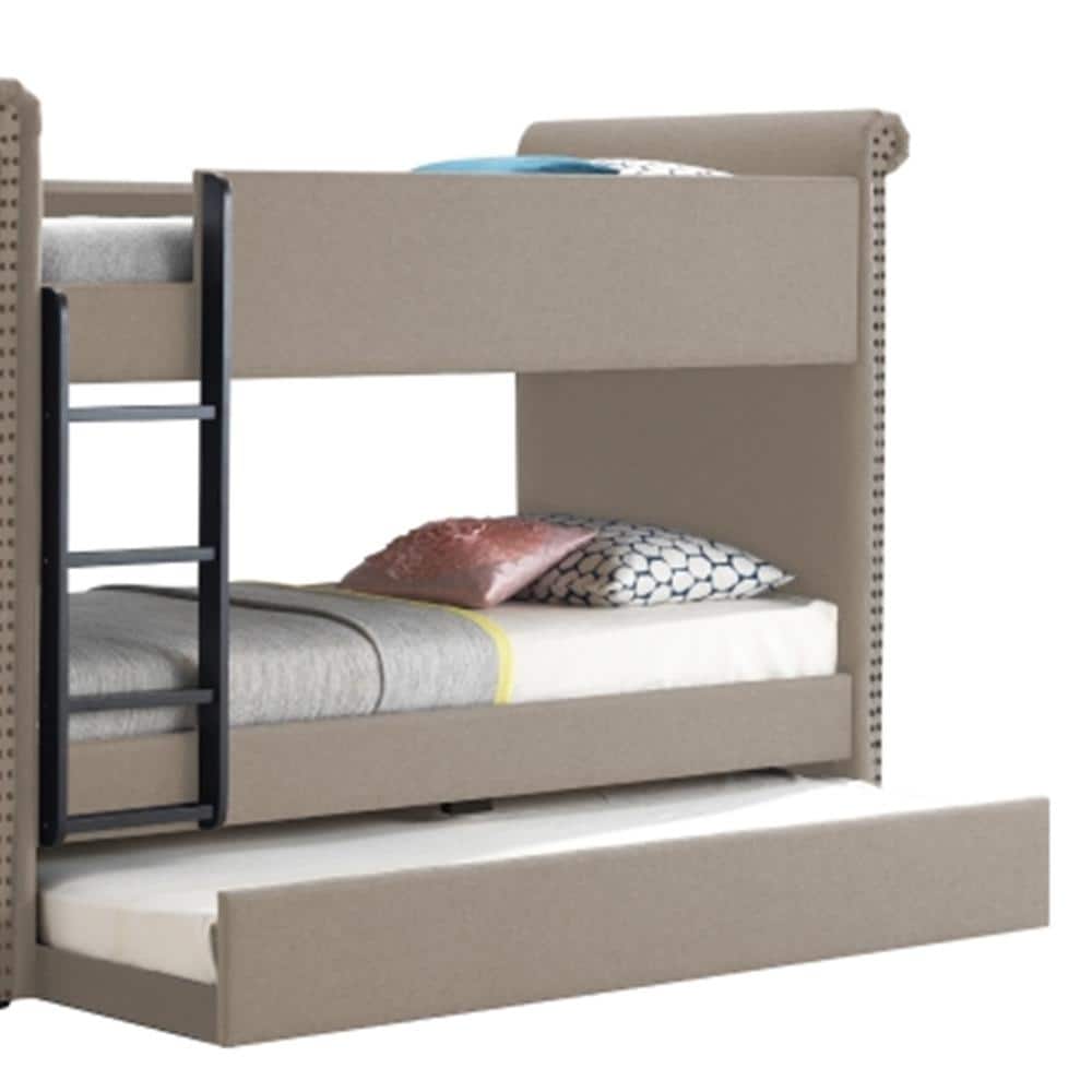 Beige Twin Bunk Bed with Trundle and Tufted Upholstery