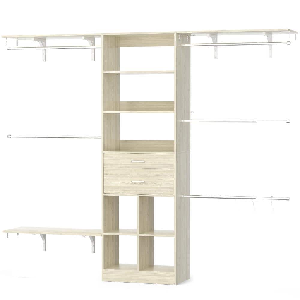 4.8-8  FT White Oak Reach-In Wall Mount Closet System with Wooden Drawers & Cube Storage Organizer & Hanging Rods
