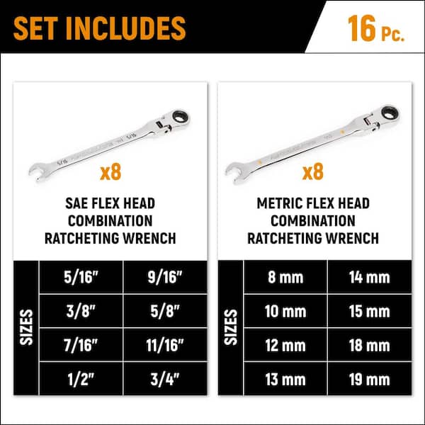 16 Pc. Flex Head Ratcheting Combination Metric Wrench Set