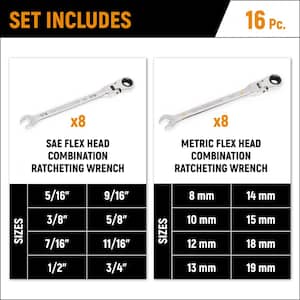 Flex Head Combination Ratcheting Wrench Set SAE/MM (16-Piece)
