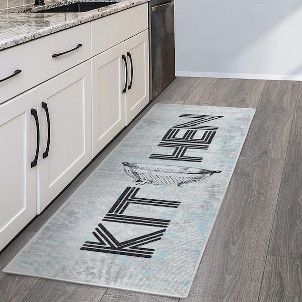 Border Design Gray-Black-Blue 20 in. x 59 in. Cotton Kitchen Runner Rug Mat