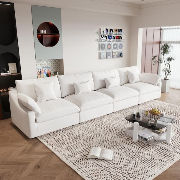 Modular 156 in. Down Filled Sofa Plush Linen Solid Wood Cloud Couch Sectional in White with Washable Cover for Apartment