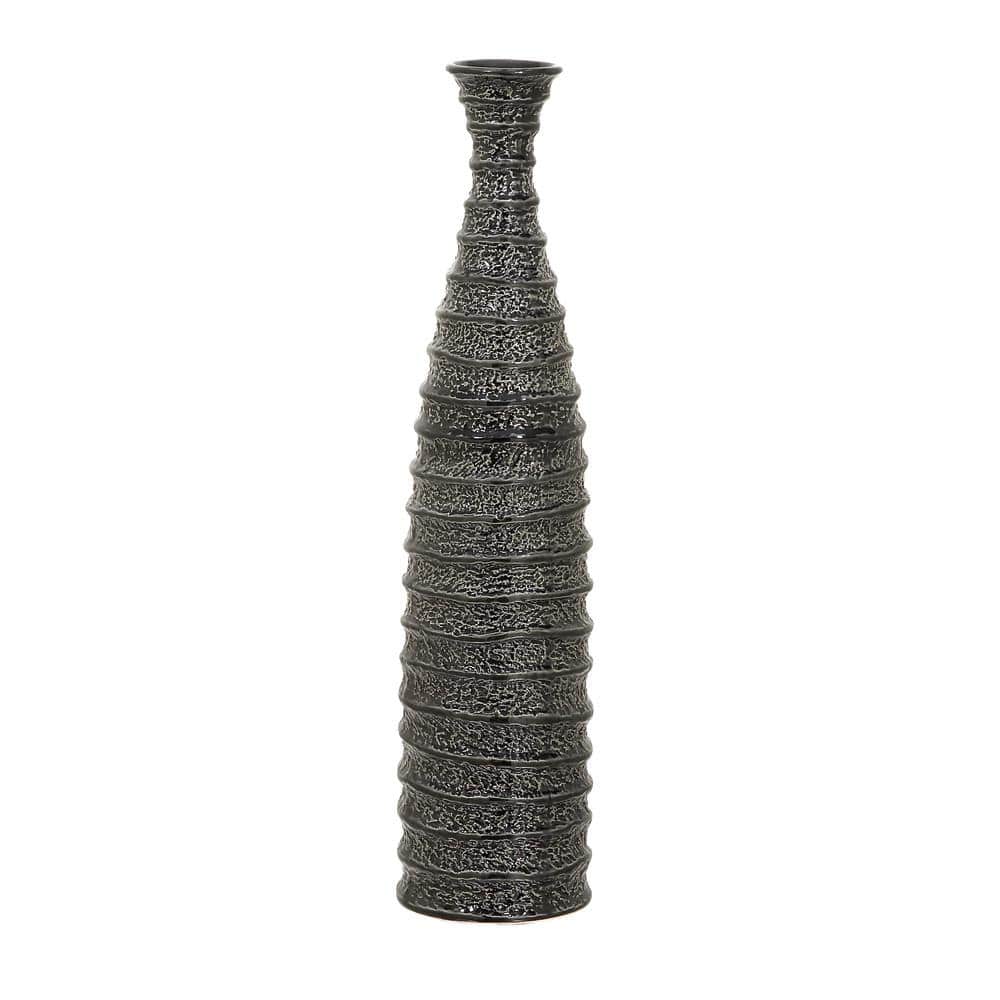 Tall Black Rippled Ceramic Floor Vase