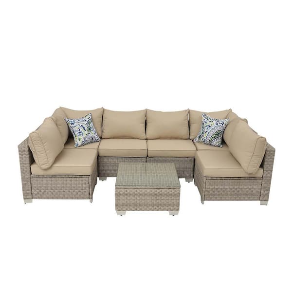 Zeus & Ruta 7-Piece Wicker Outdoor Sectional Sofa, Gray White Patio Conversation Set with Coffee Table and Field gray Cushions