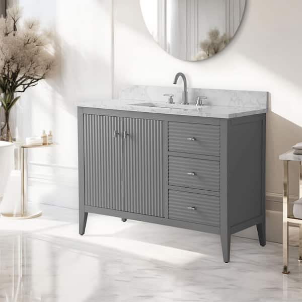 42 in. W x 22 in D x 38 in. H Single Sink Linear Gray Bath Vanity Cabinet with White Engineered Marble Top