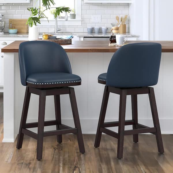OrangeOne Meliodas 26 in. Navy Blue Faux Leather Cushioned Dark Brown Solid Wood Leg Counter Height Swivel Barstool (Set of 2)